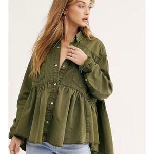 We The Free Olive Green Dylan Peplum Shirt Button Snap Front Western Style XS